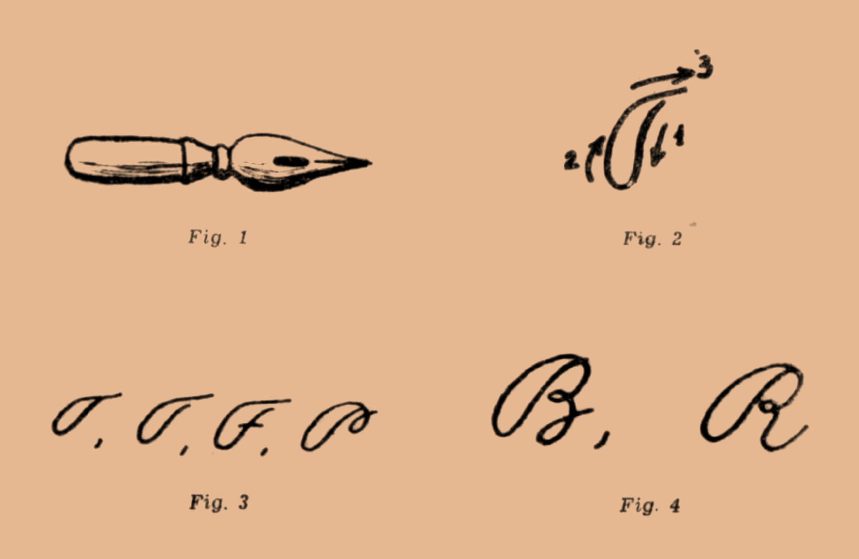 Patru figuri: 1. o peniță peștișor 2. trăsătura șerpuită coborîtoare 3. literele T, F, P 4. literele B și R